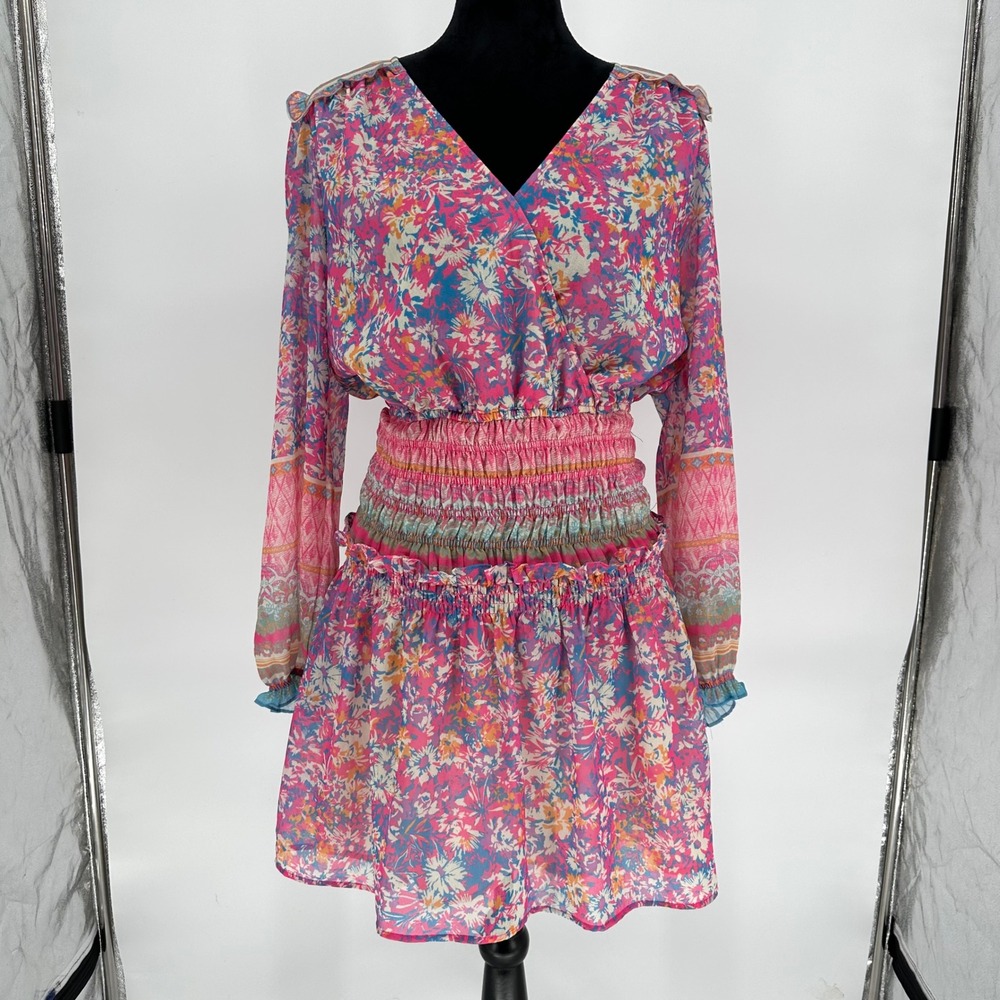 Current Air Pink Smocked Waist Ruffle‎ Chiffon Long Sleeve Short Dress Medium